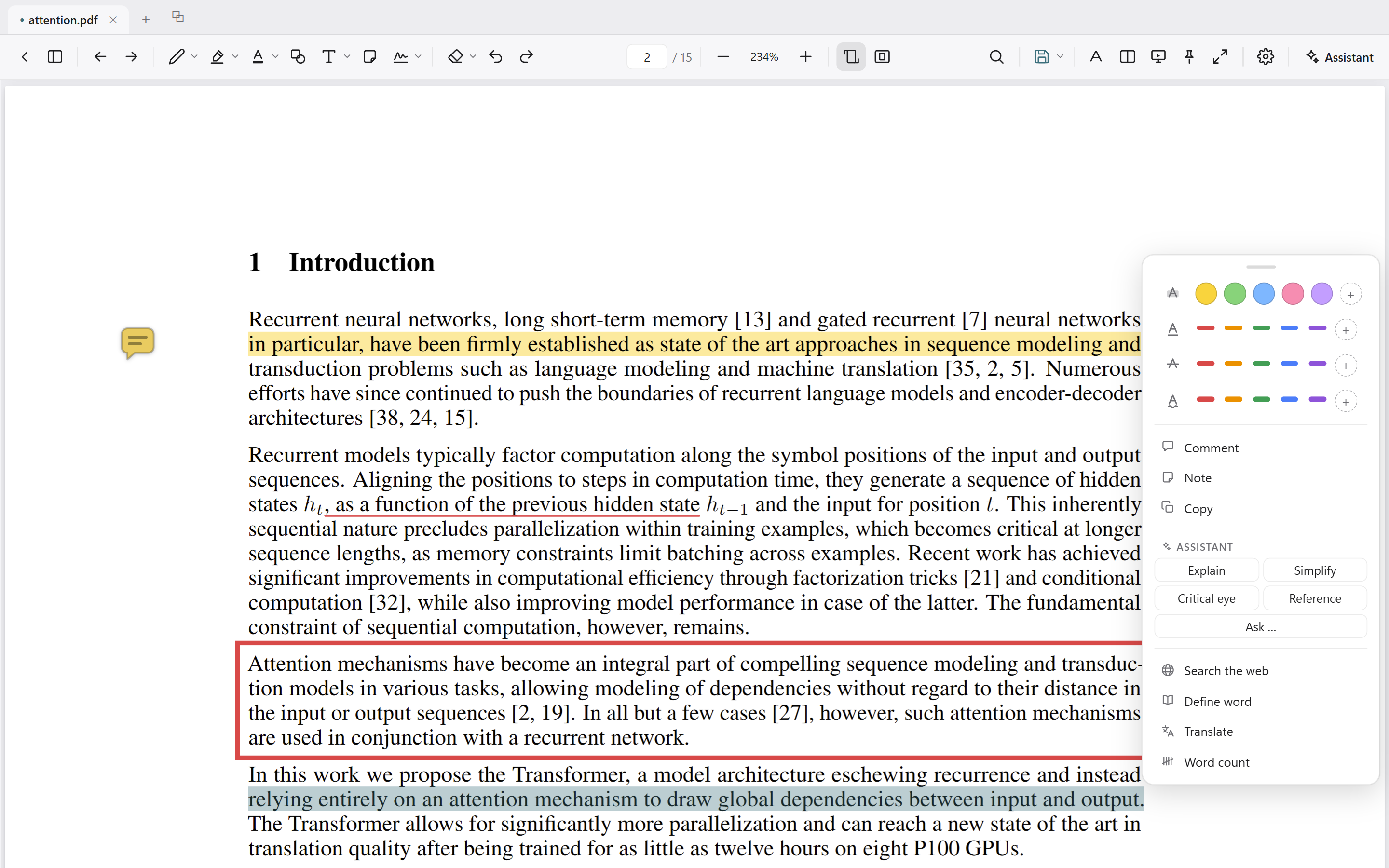 A highlight, an underline, a box around a paragraph and a sticky note on one page, with the selection menu open beside the selected text.