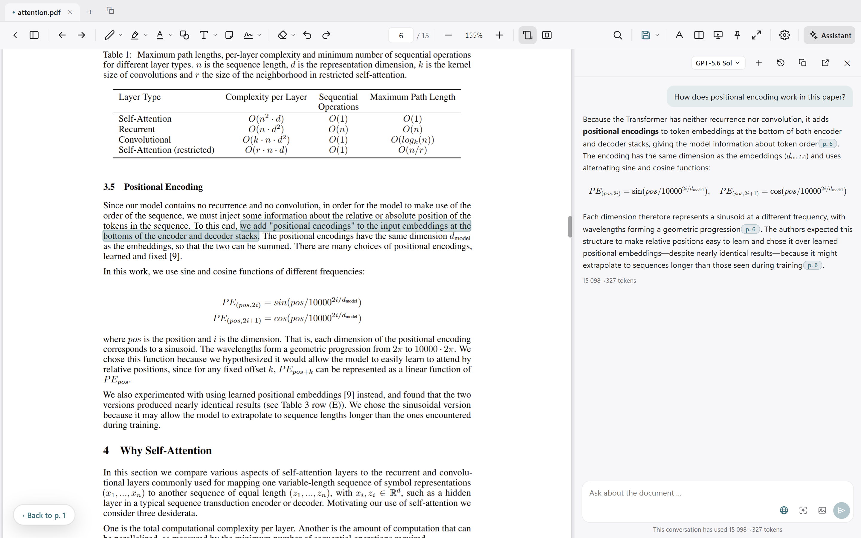 The assistant's answer beside the document, with the cited sentence highlighted on the page after clicking its chip.