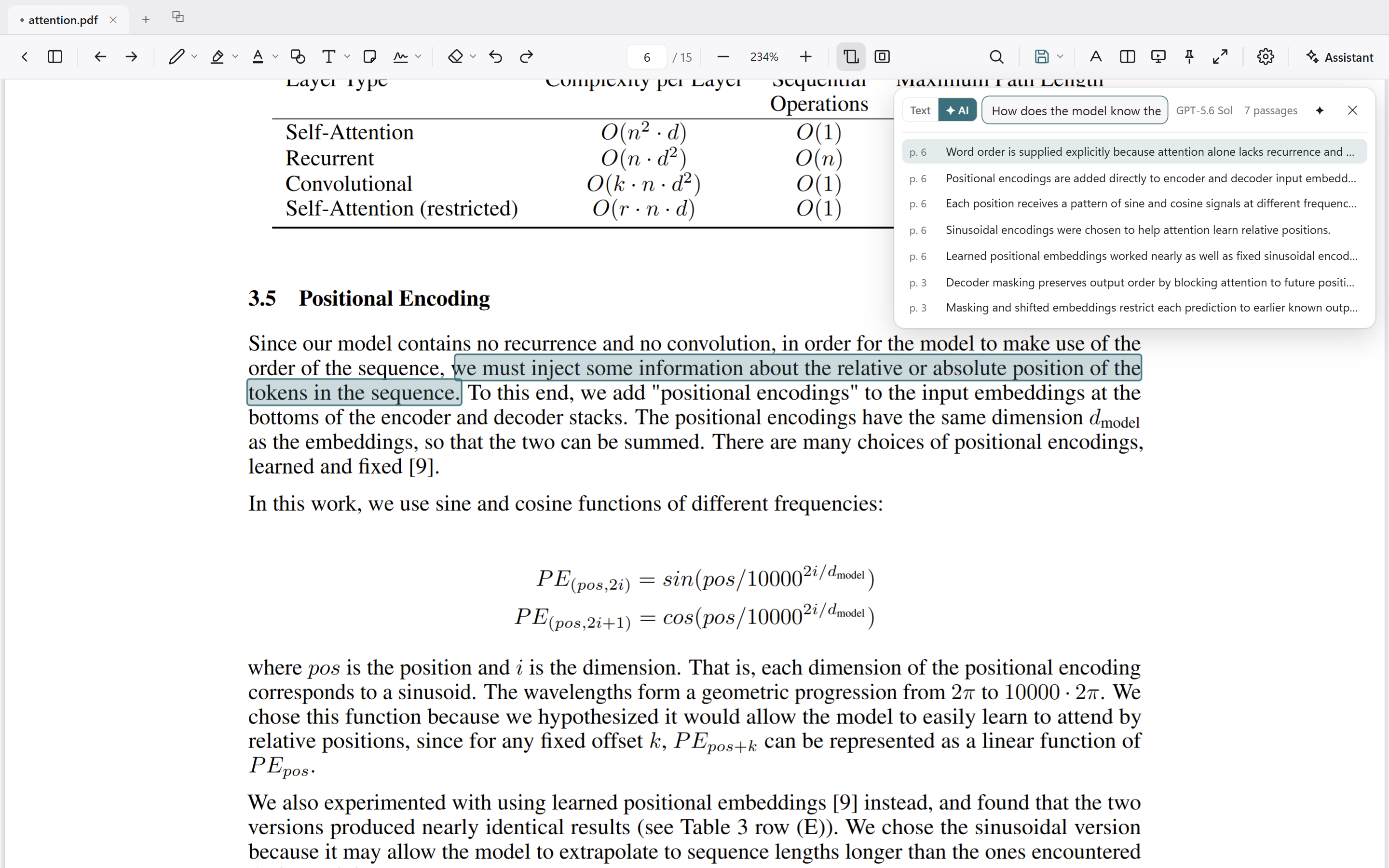 The AI search: a question in plain words, the ranked passages that answer it, and the first one highlighted on the page.