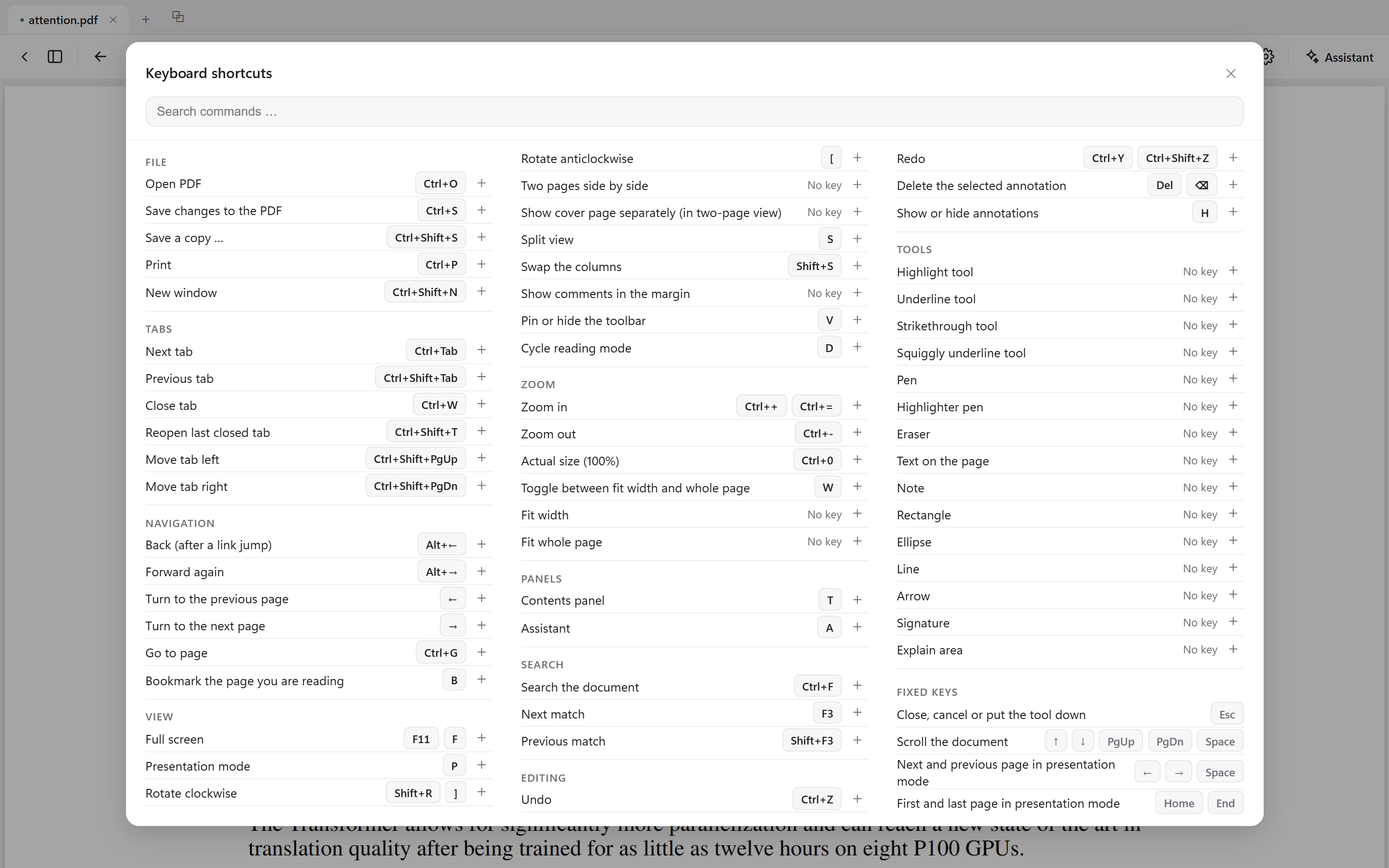 The keyboard map: every command the app has, grouped by task in three columns, each with its keys beside it and a plus to add another.