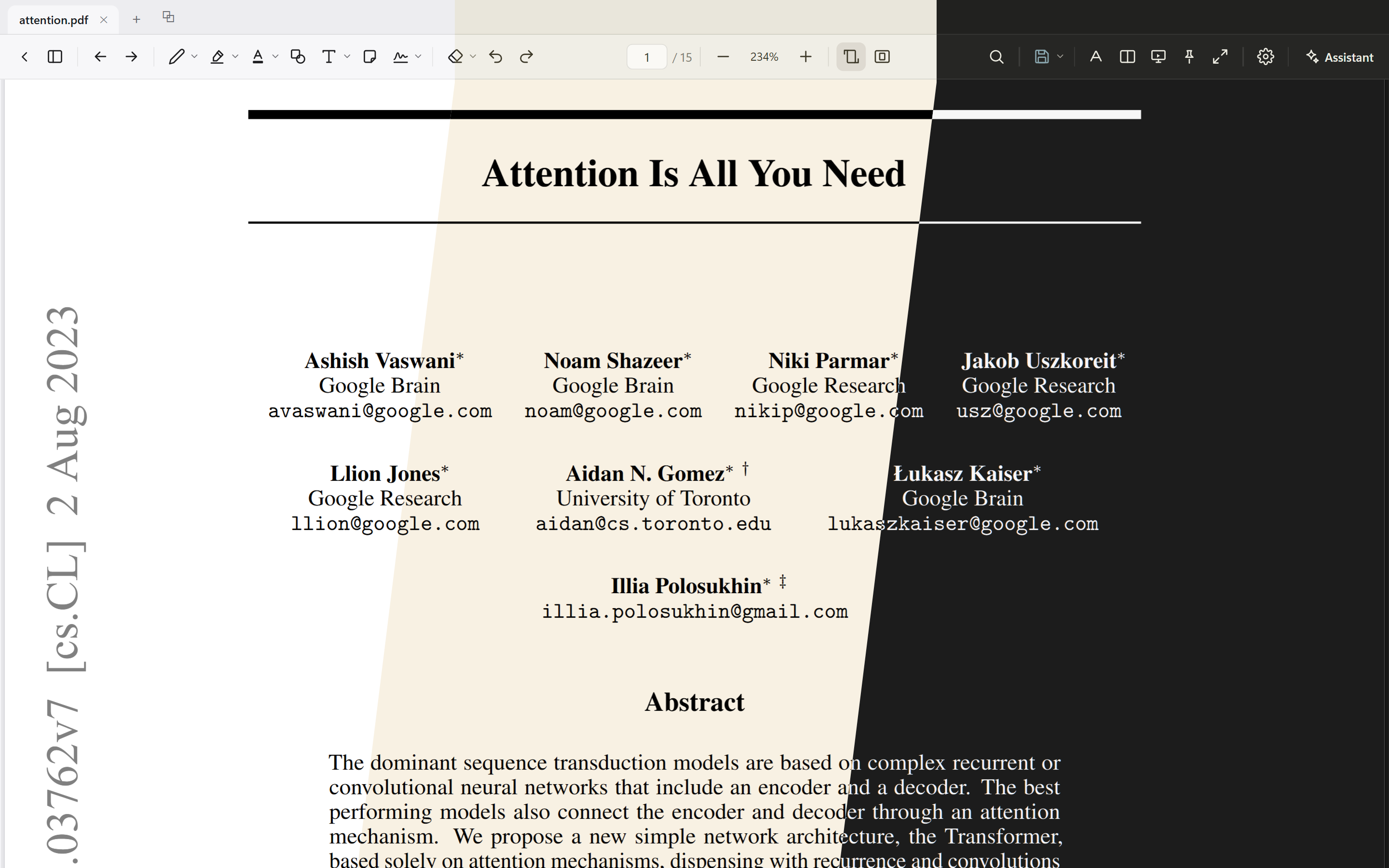 The same page in three themes at once: white paper on the left, warm ivory in the middle, near-black on the right, under one slim toolbar.